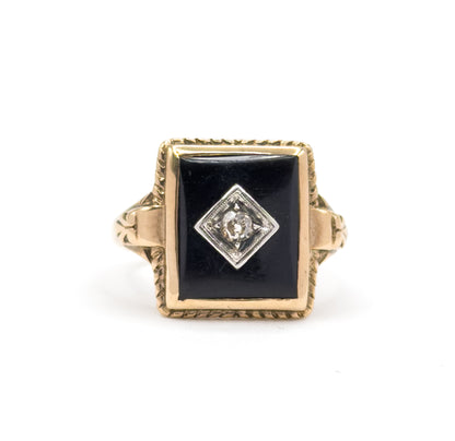 Art Deco Onyx & Old Mine Diamond Ring in 10K Gold