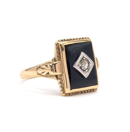 Art Deco Onyx & Old Mine Diamond Ring in 10K Gold