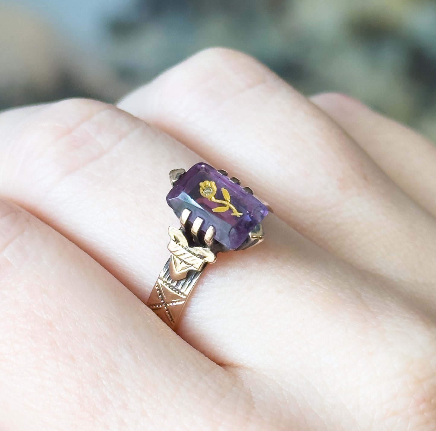 Victorian Rose of Sharon Amethyst Ring in 10K Yellow Gold