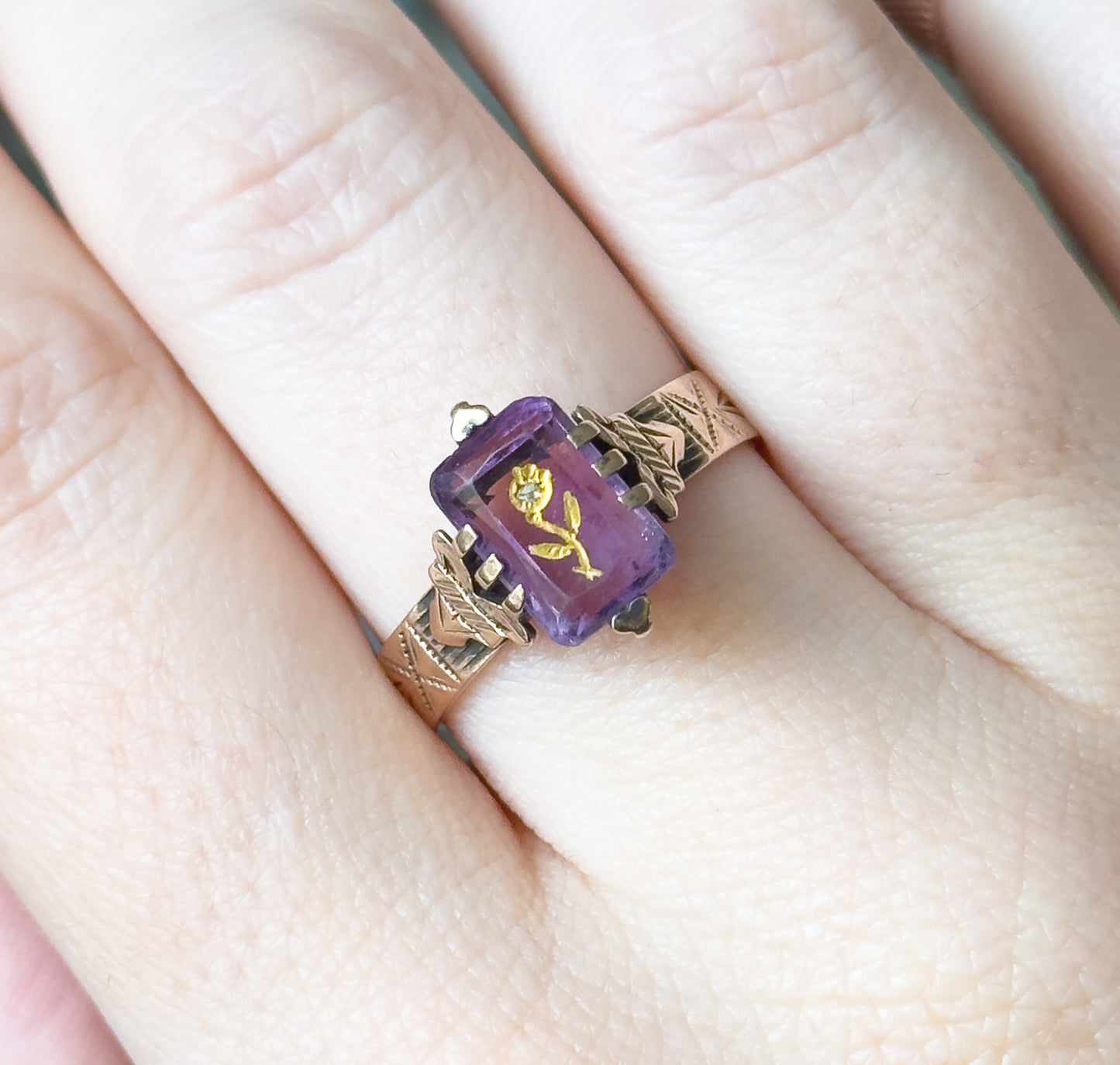 Victorian Rose of Sharon Amethyst Ring in 10K Yellow Gold