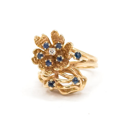 Mid-Century Sapphire & Diamond Flower Ring in 14K Yellow Gold
