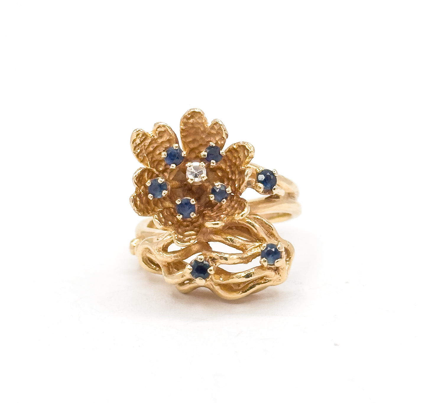 Mid-Century Sapphire & Diamond Flower Ring in 14K Yellow Gold