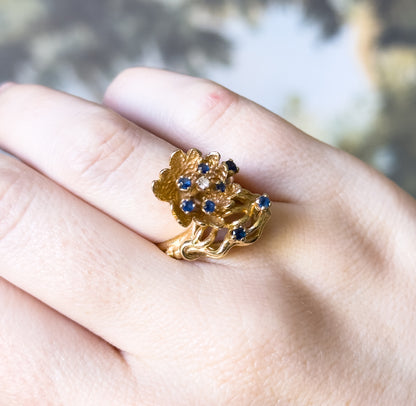 Mid-Century Sapphire & Diamond Flower Ring in 14K Yellow Gold