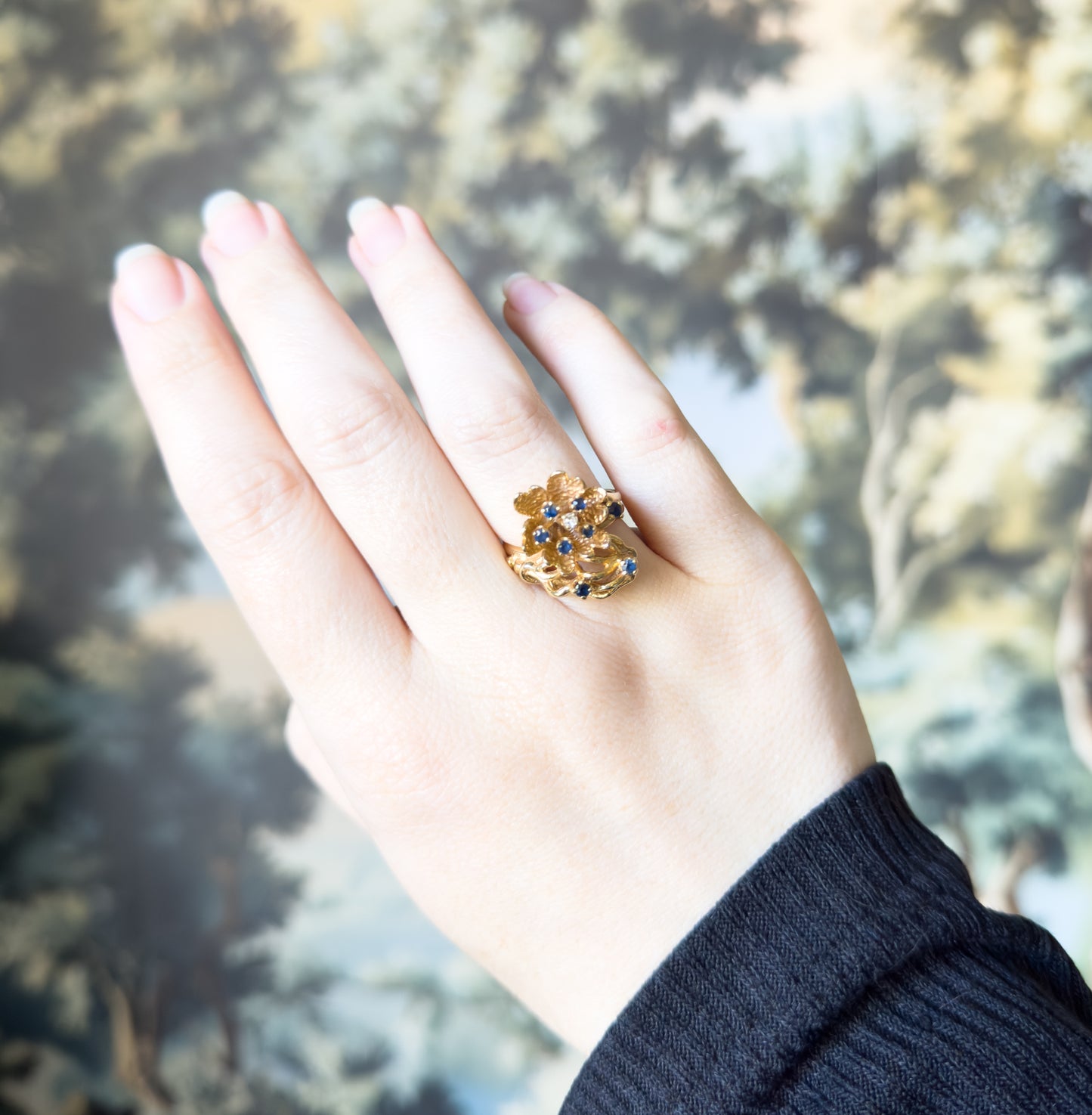 Mid-Century Sapphire & Diamond Flower Ring in 14K Yellow Gold