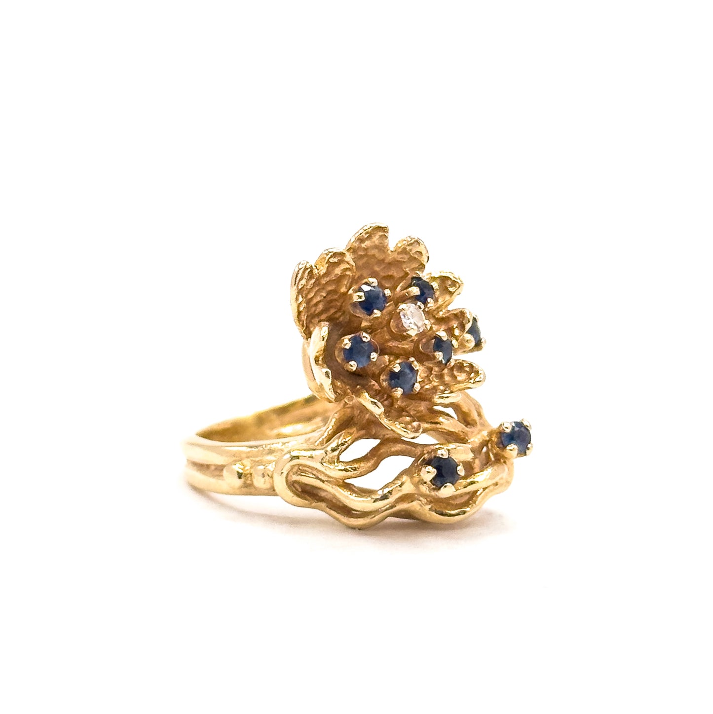 Mid-Century Sapphire & Diamond Flower Ring in 14K Yellow Gold
