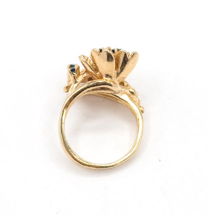Mid-Century Sapphire & Diamond Flower Ring in 14K Yellow Gold