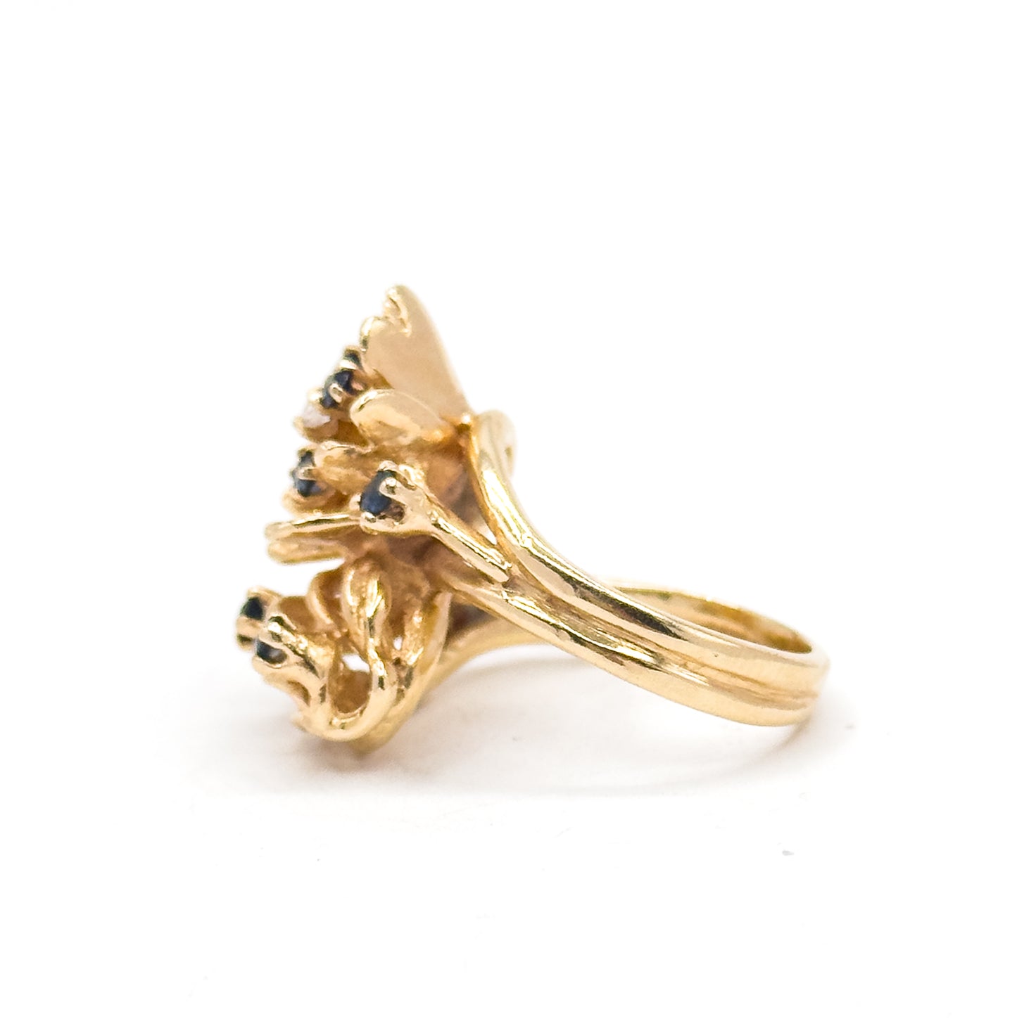 Mid-Century Sapphire & Diamond Flower Ring in 14K Yellow Gold