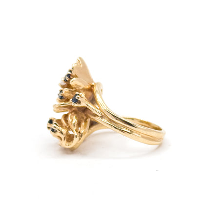 Mid-Century Sapphire & Diamond Flower Ring in 14K Yellow Gold