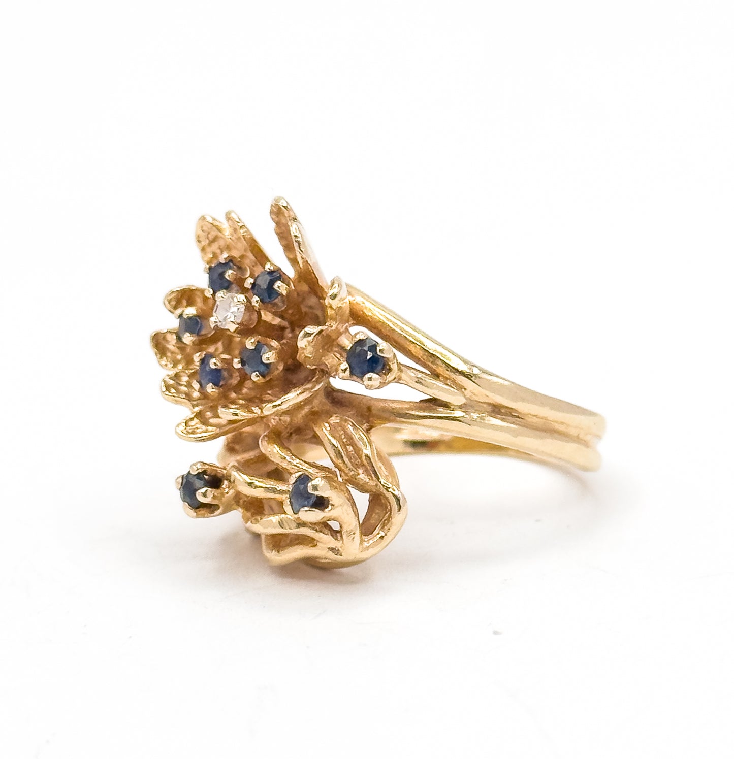 Mid-Century Sapphire & Diamond Flower Ring in 14K Yellow Gold