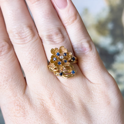 Mid-Century Sapphire & Diamond Flower Ring in 14K Yellow Gold