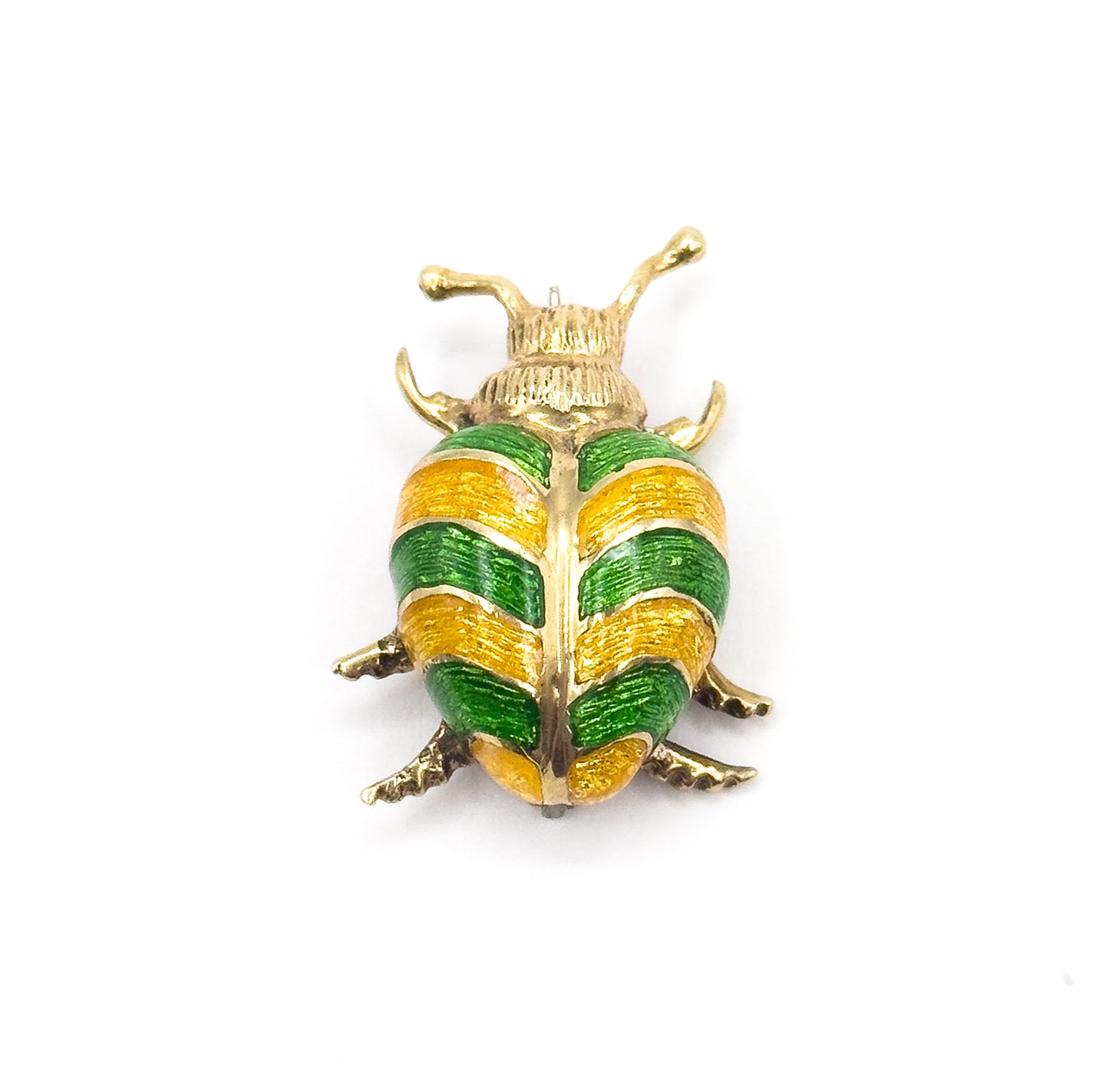 Mid-Century Green & Yellow Enamel Beetle Pin in 14K Gold