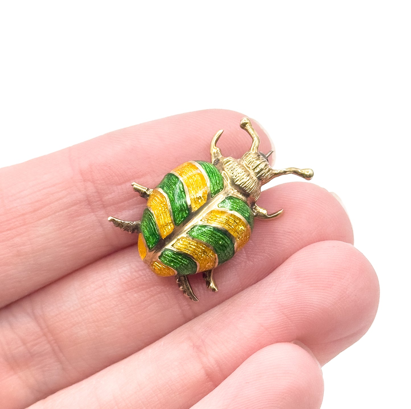 Mid-Century Green & Yellow Enamel Beetle Pin in 14K Gold