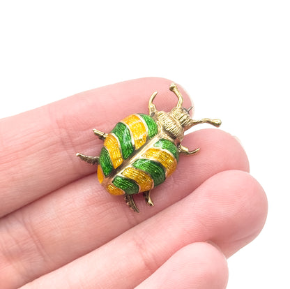 Mid-Century Green & Yellow Enamel Beetle Pin in 14K Gold