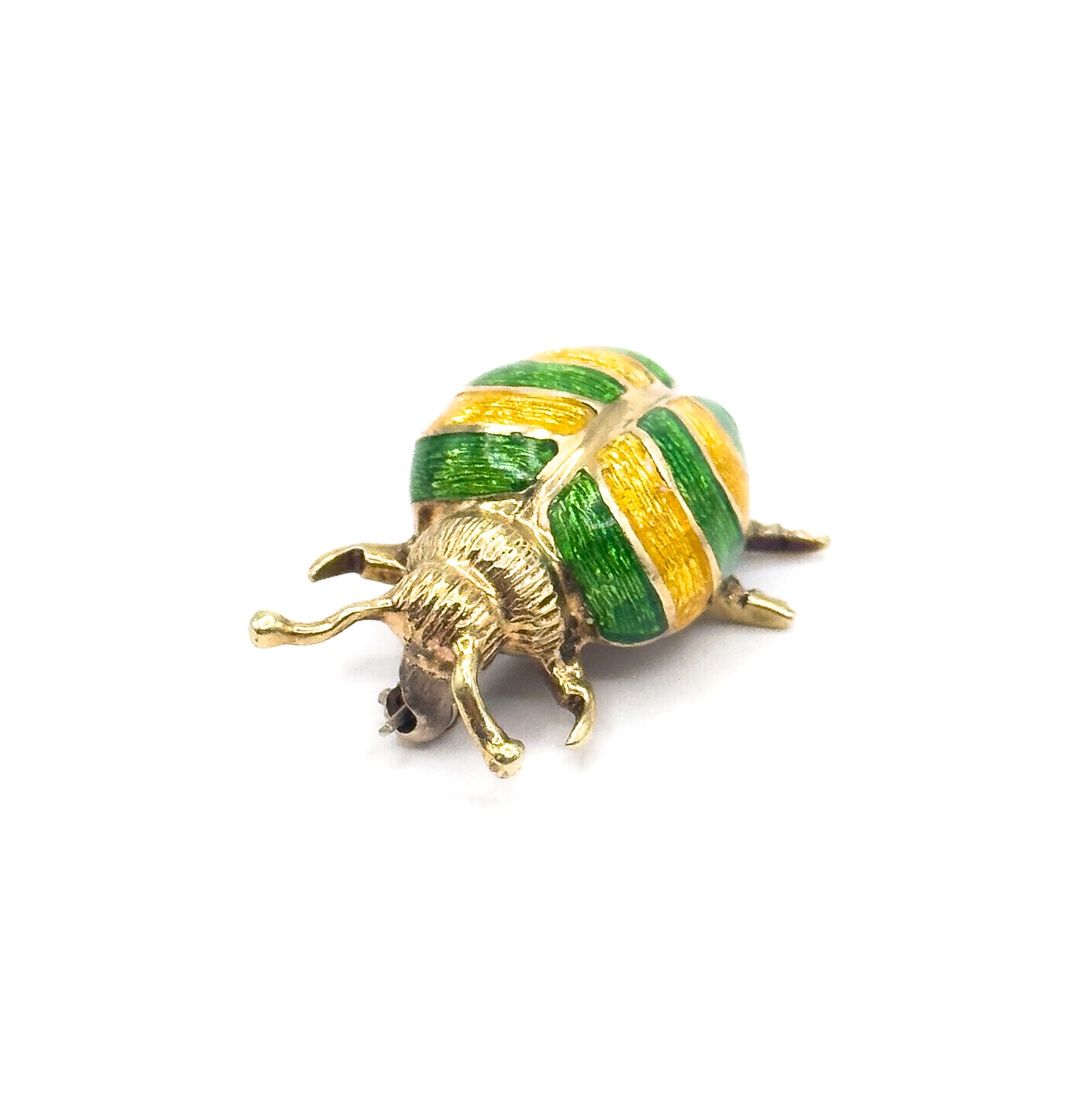 Mid-Century Green & Yellow Enamel Beetle Pin in 14K Gold