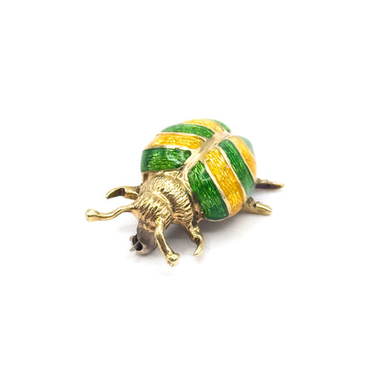 Mid-Century Green & Yellow Enamel Beetle Pin in 14K Gold