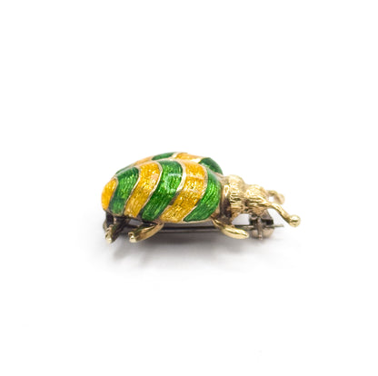 Mid-Century Green & Yellow Enamel Beetle Pin in 14K Gold