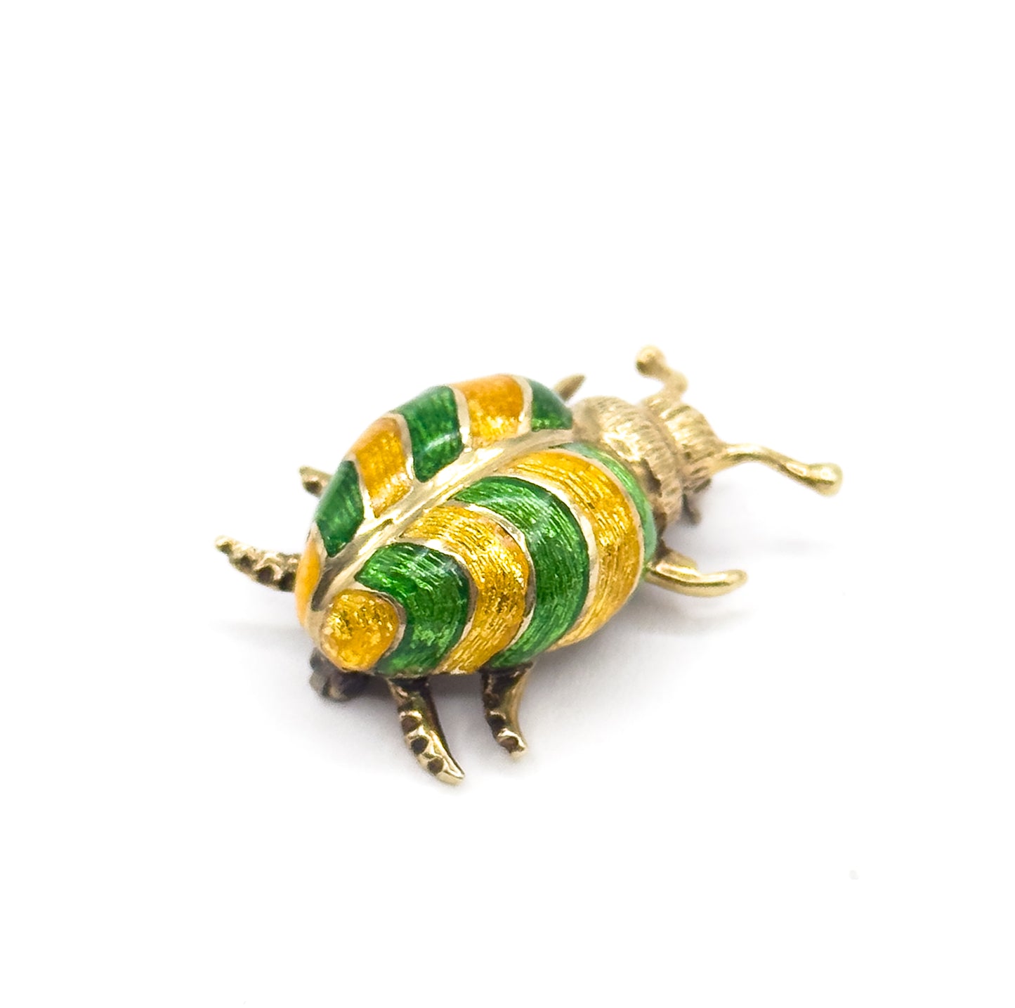 Mid-Century Green & Yellow Enamel Beetle Pin in 14K Gold