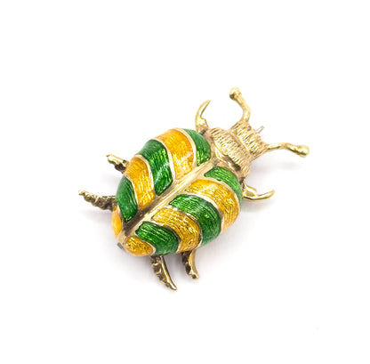 Mid-Century Green & Yellow Enamel Beetle Pin in 14K Gold
