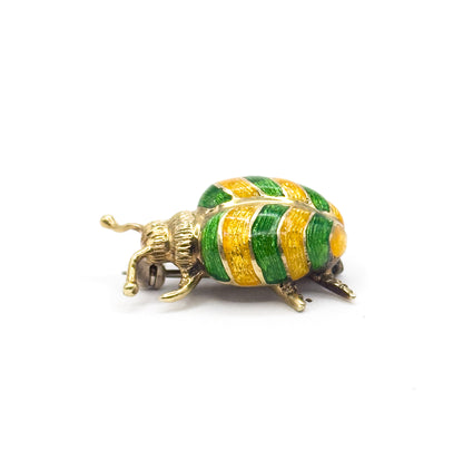 Mid-Century Green & Yellow Enamel Beetle Pin in 14K Gold