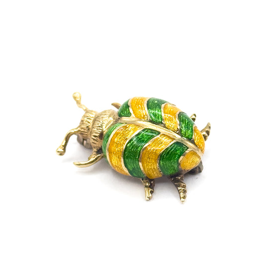 Mid-Century Green & Yellow Enamel Beetle Pin in 14K Gold