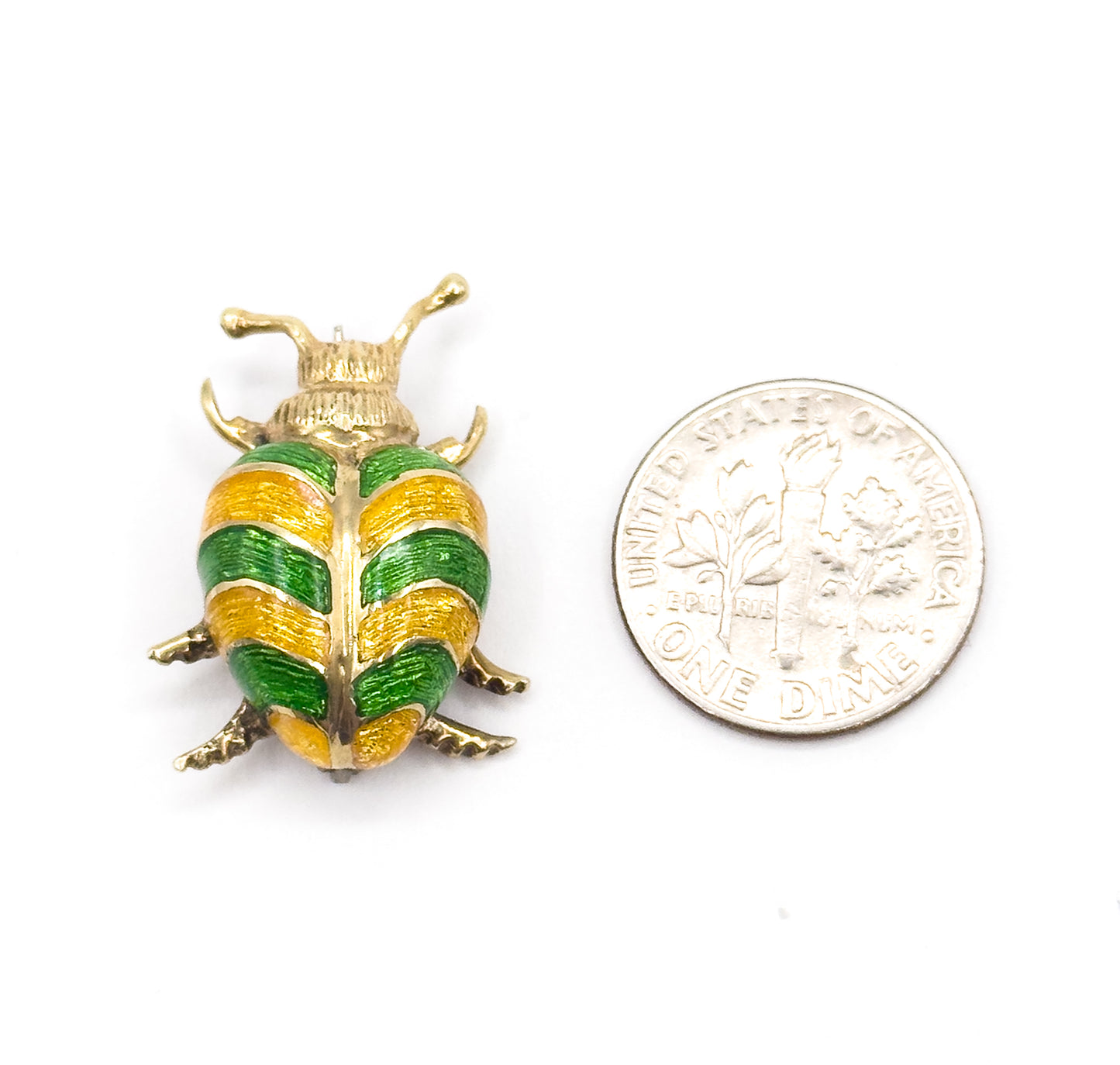 Mid-Century Green & Yellow Enamel Beetle Pin in 14K Gold
