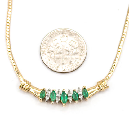 Late 20th Century Emerald & Diamond Bar Necklace in 10K Yellow Gold
