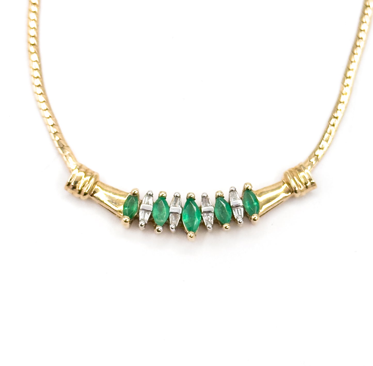 Late 20th Century Emerald & Diamond Bar Necklace in 10K Yellow Gold
