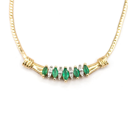 Late 20th Century Emerald & Diamond Bar Necklace in 10K Yellow Gold