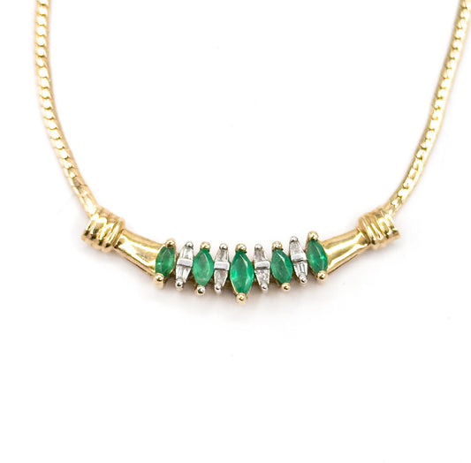Late 20th Century Emerald & Diamond Bar Necklace in 10K Yellow Gold