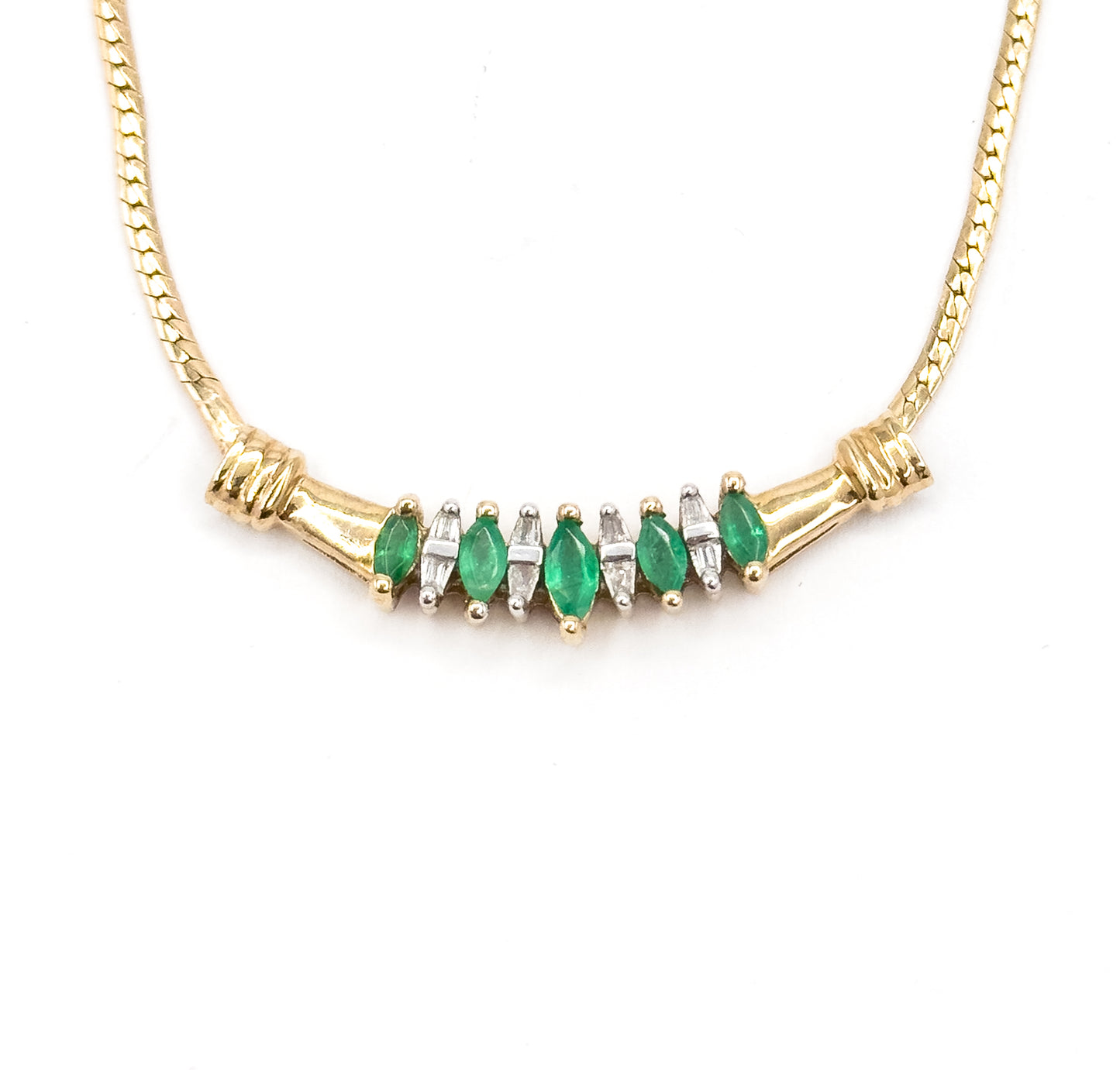 Late 20th Century Emerald & Diamond Bar Necklace in 10K Yellow Gold