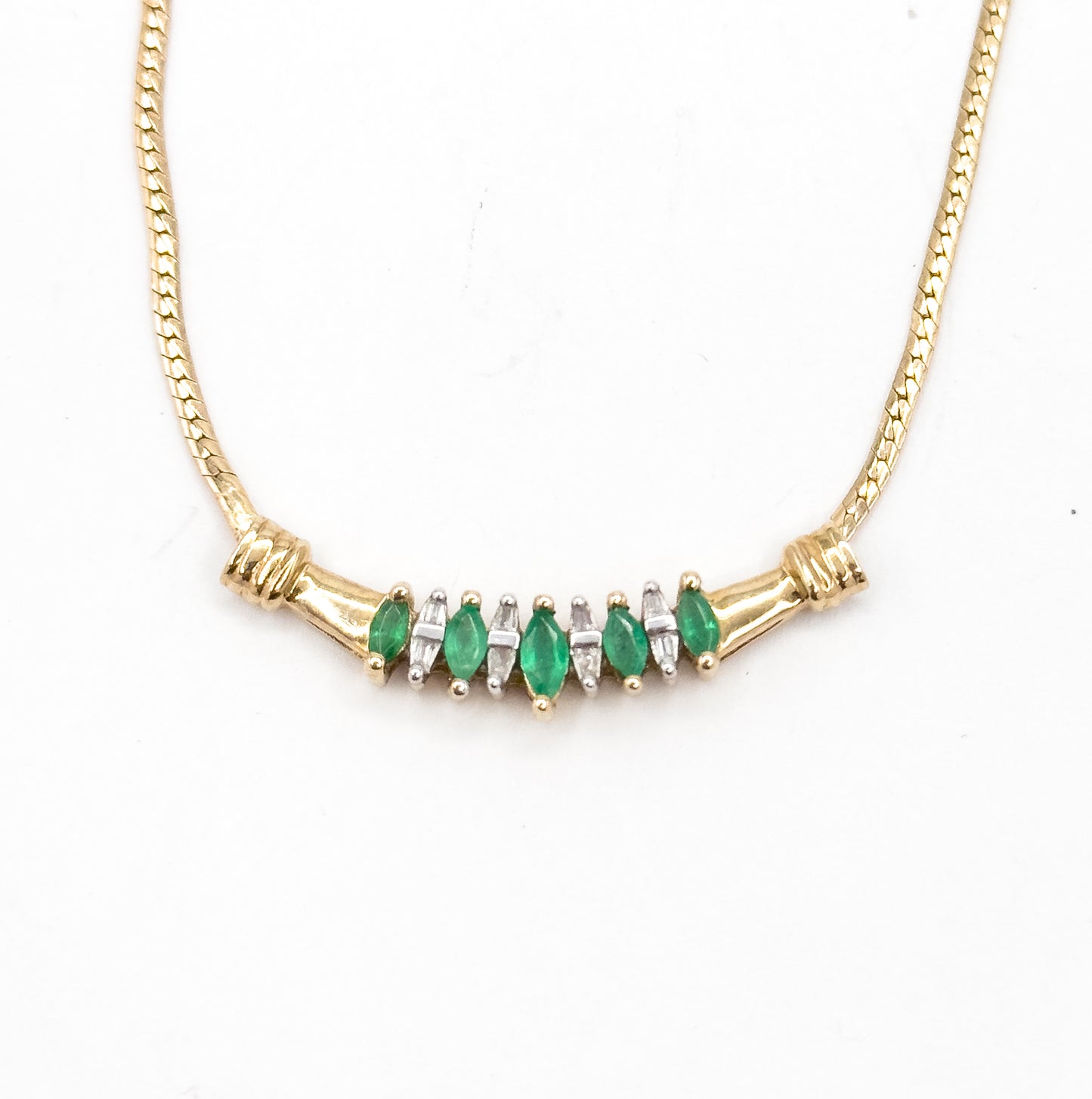 Late 20th Century Emerald & Diamond Bar Necklace in 10K Yellow Gold