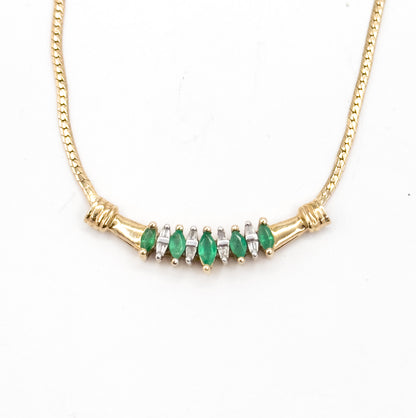Late 20th Century Emerald & Diamond Bar Necklace in 10K Yellow Gold