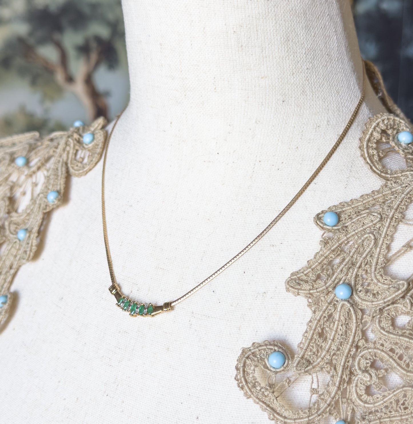Late 20th Century Emerald & Diamond Bar Necklace in 10K Yellow Gold
