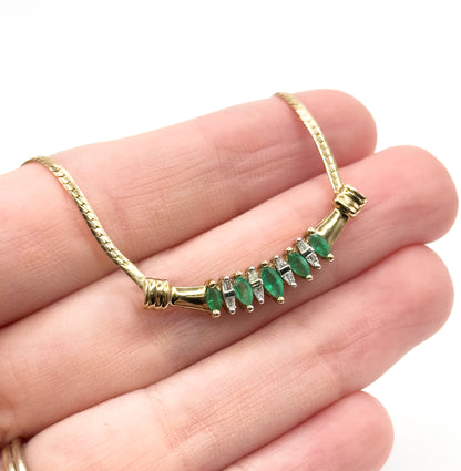 Late 20th Century Emerald & Diamond Bar Necklace in 10K Yellow Gold