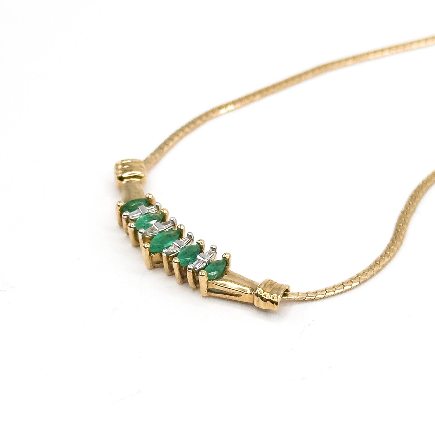 Late 20th Century Emerald & Diamond Bar Necklace in 10K Yellow Gold