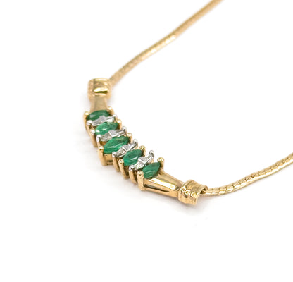 Late 20th Century Emerald & Diamond Bar Necklace in 10K Yellow Gold