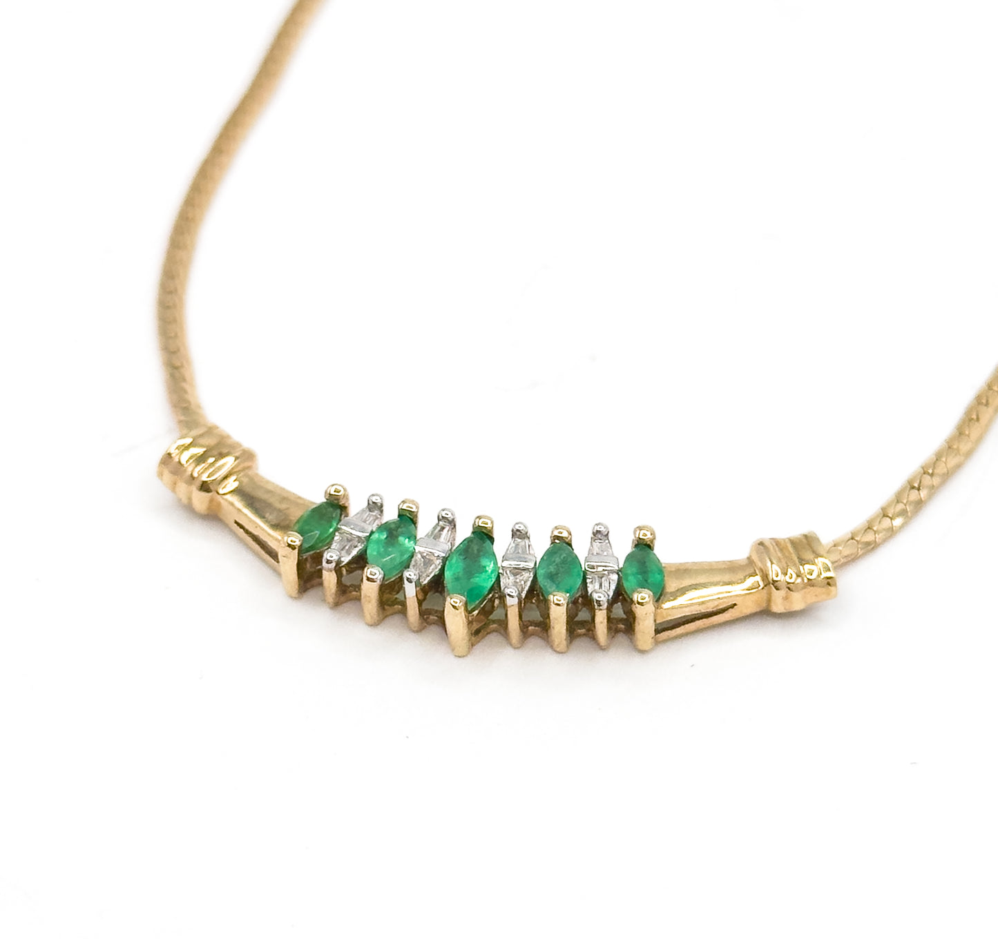 Late 20th Century Emerald & Diamond Bar Necklace in 10K Yellow Gold
