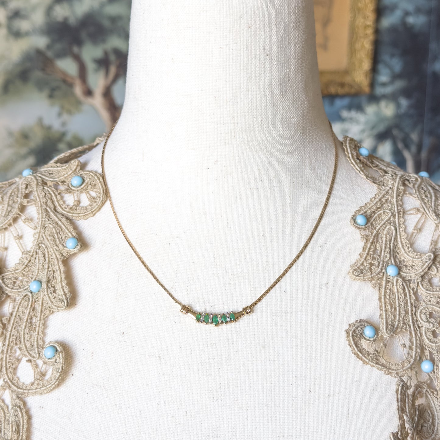 Late 20th Century Emerald & Diamond Bar Necklace in 10K Yellow Gold