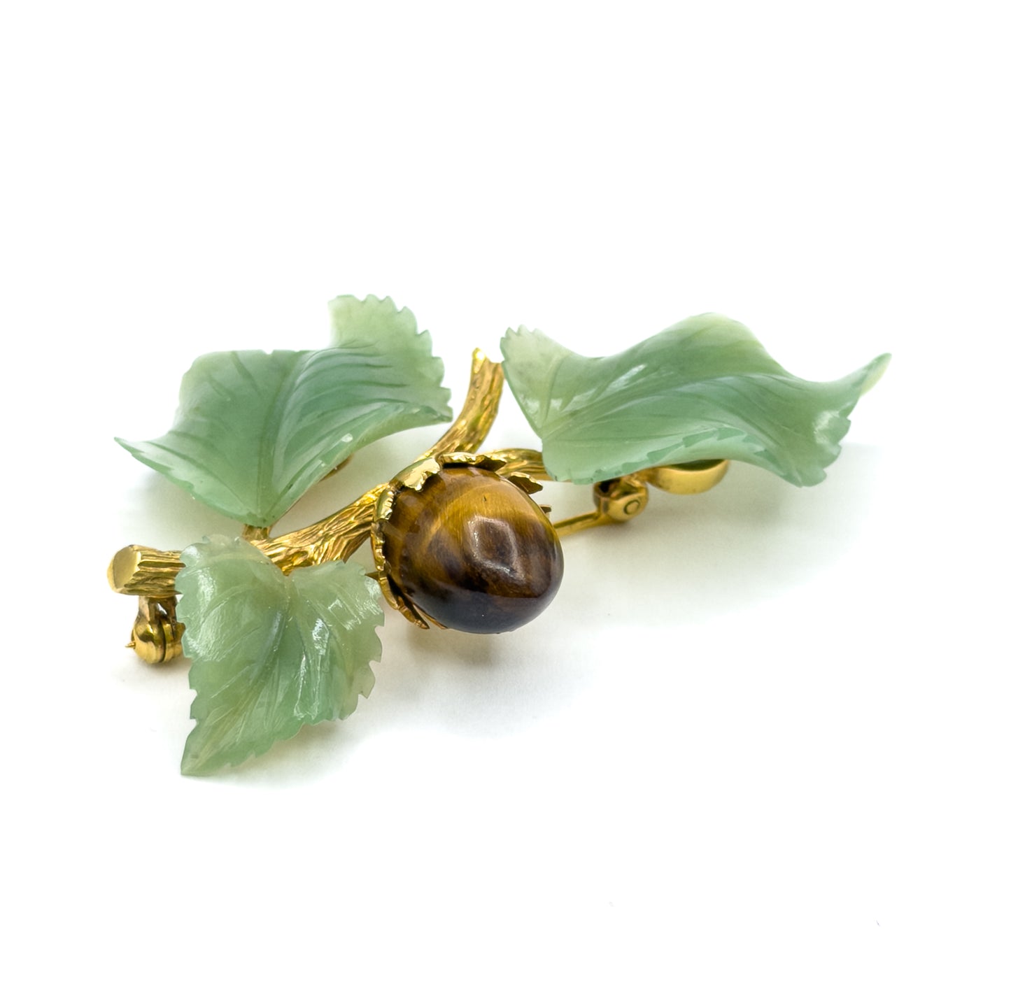 Mid-Century Carved Jade & Tiger's Eye Branch Brooch in 14K Gold