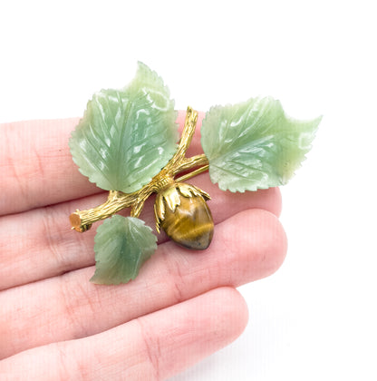 Mid-Century Carved Jade & Tiger's Eye Branch Brooch in 14K Gold
