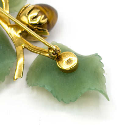 Mid-Century Carved Jade & Tiger's Eye Branch Brooch in 14K Gold