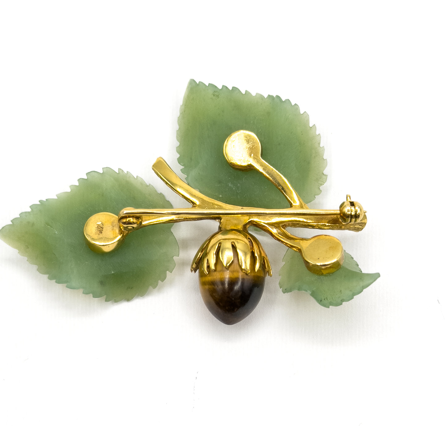 Mid-Century Carved Jade & Tiger's Eye Branch Brooch in 14K Gold