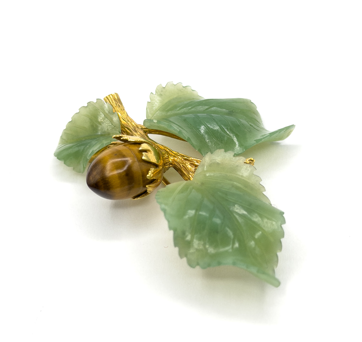 Mid-Century Carved Jade & Tiger's Eye Branch Brooch in 14K Gold