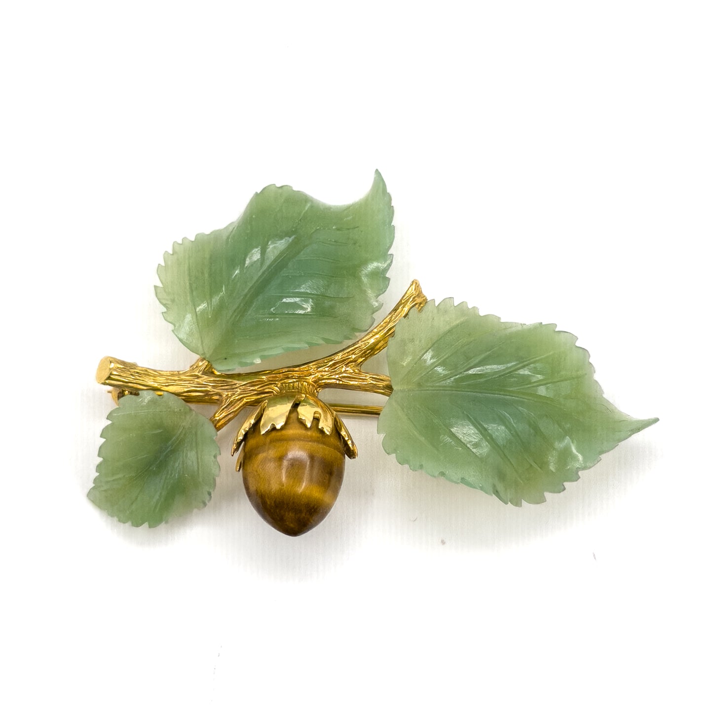 Mid-Century Carved Jade & Tiger's Eye Branch Brooch in 14K Gold