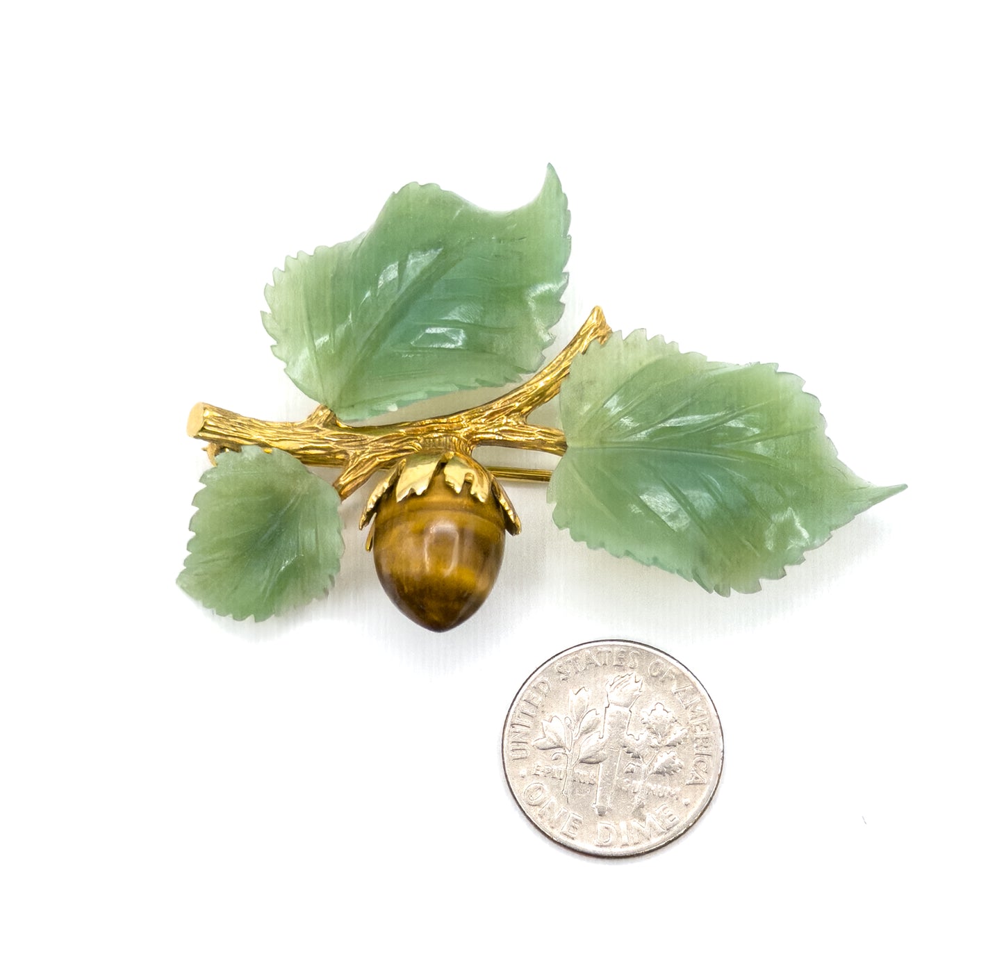Mid-Century Carved Jade & Tiger's Eye Branch Brooch in 14K Gold