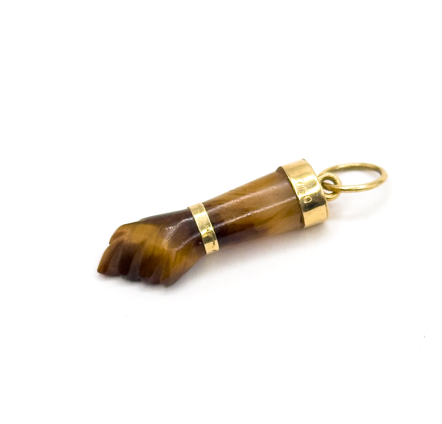 Late 20th Century Carved Tiger Eye Figa Hand Pendant in 18K Gold