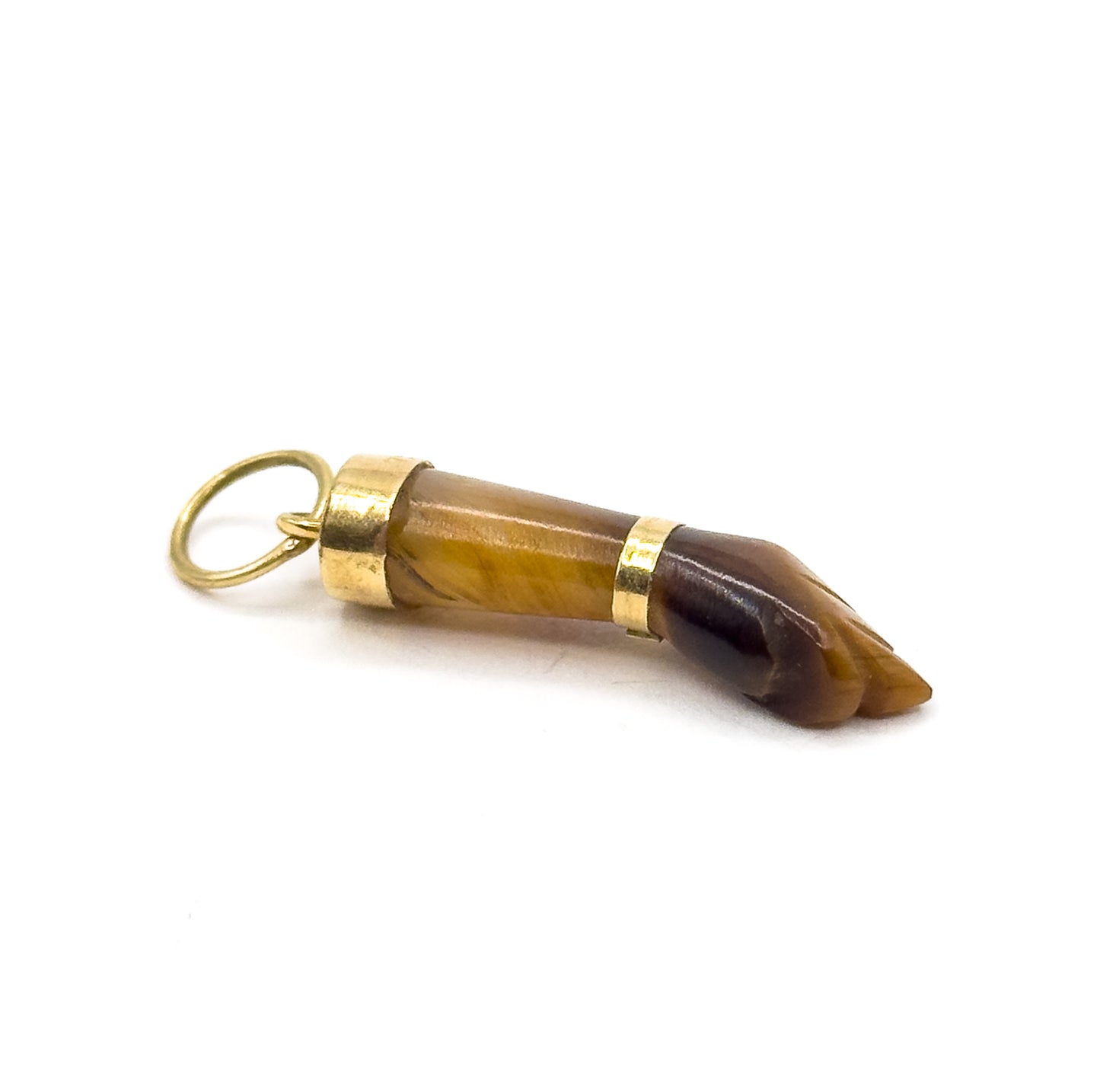 Late 20th Century Carved Tiger Eye Figa Hand Pendant in 18K Gold