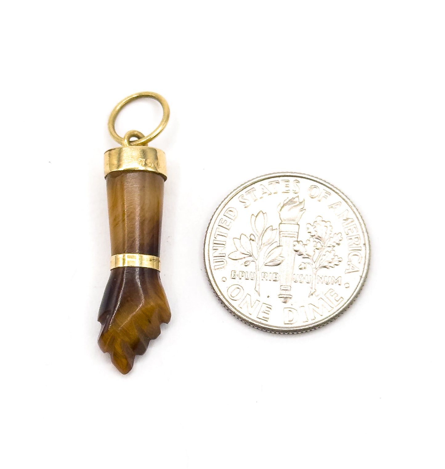 Late 20th Century Carved Tiger Eye Figa Hand Pendant in 18K Gold