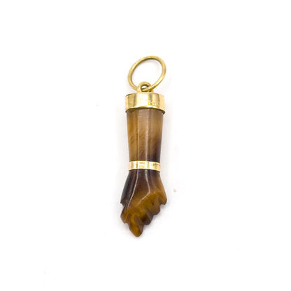 Late 20th Century Carved Tiger Eye Figa Hand Pendant in 18K Gold