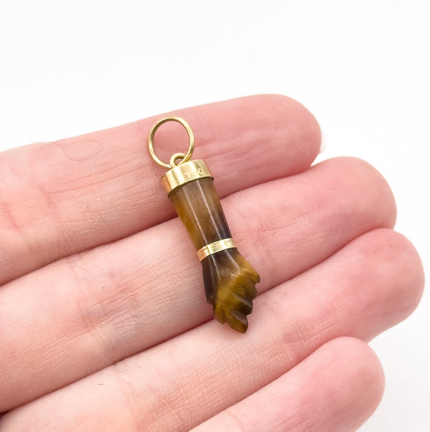 Late 20th Century Carved Tiger Eye Figa Hand Pendant in 18K Gold